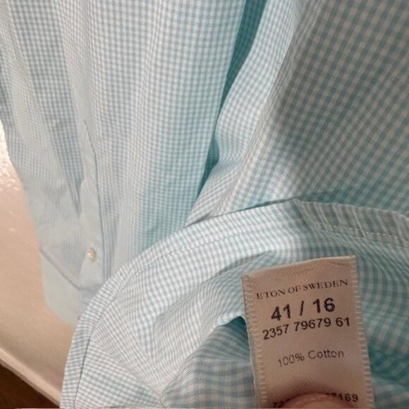 Eton Shirt Mens 16 41 Slim Fit Blue Gingham Dress Long Sleeve Contrast Cuff - Picture 5 of 8